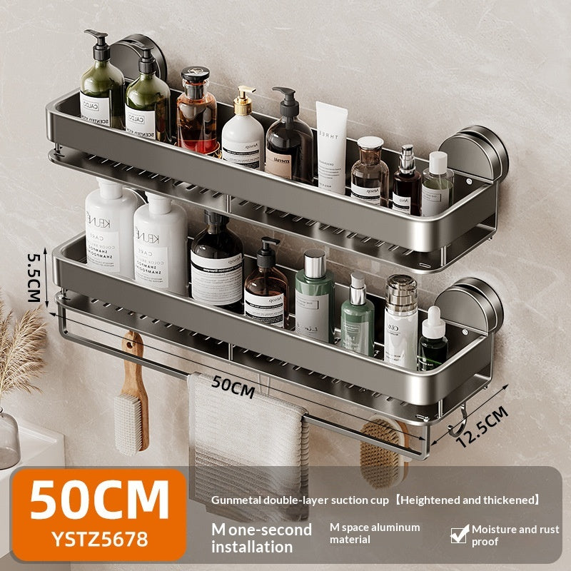 Adjustable Bathroom Wall Shelf with Suction Cups and Towel Hooks - 50CM Double Layer