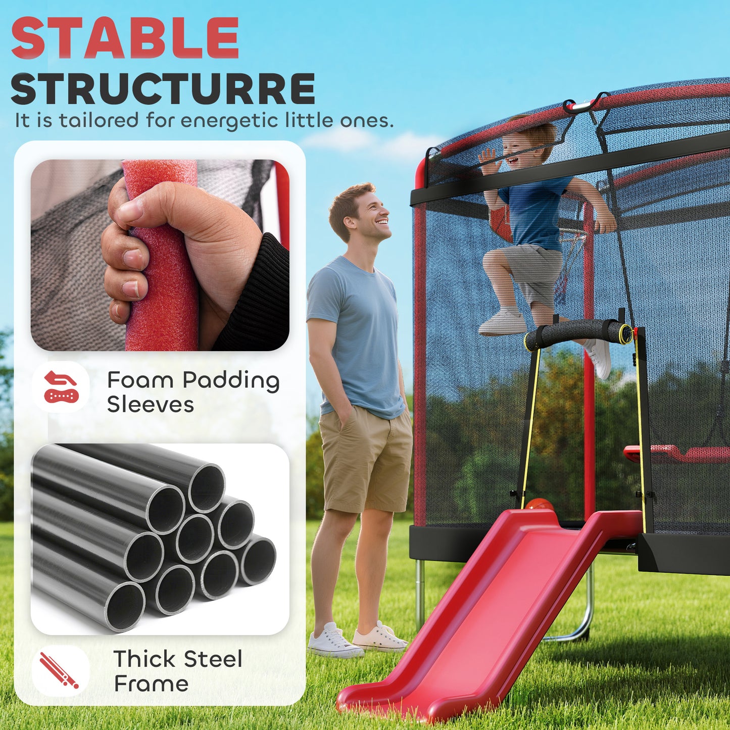 Kids Trampoline with Slide, Swing & Basketball Hoop - Red
