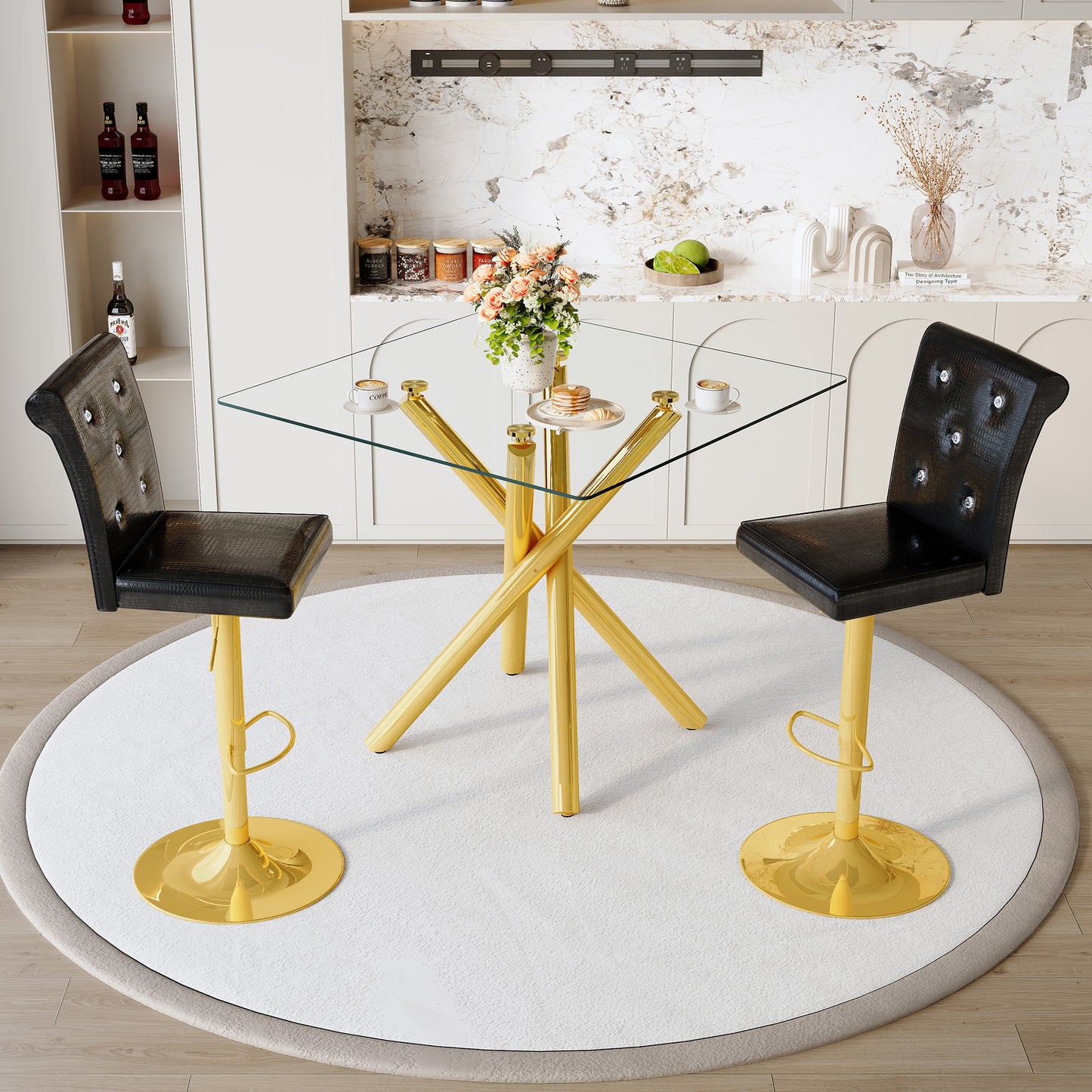 Modern Glass Bar Table And Adjustable Stools Set Of 2, Contemporary