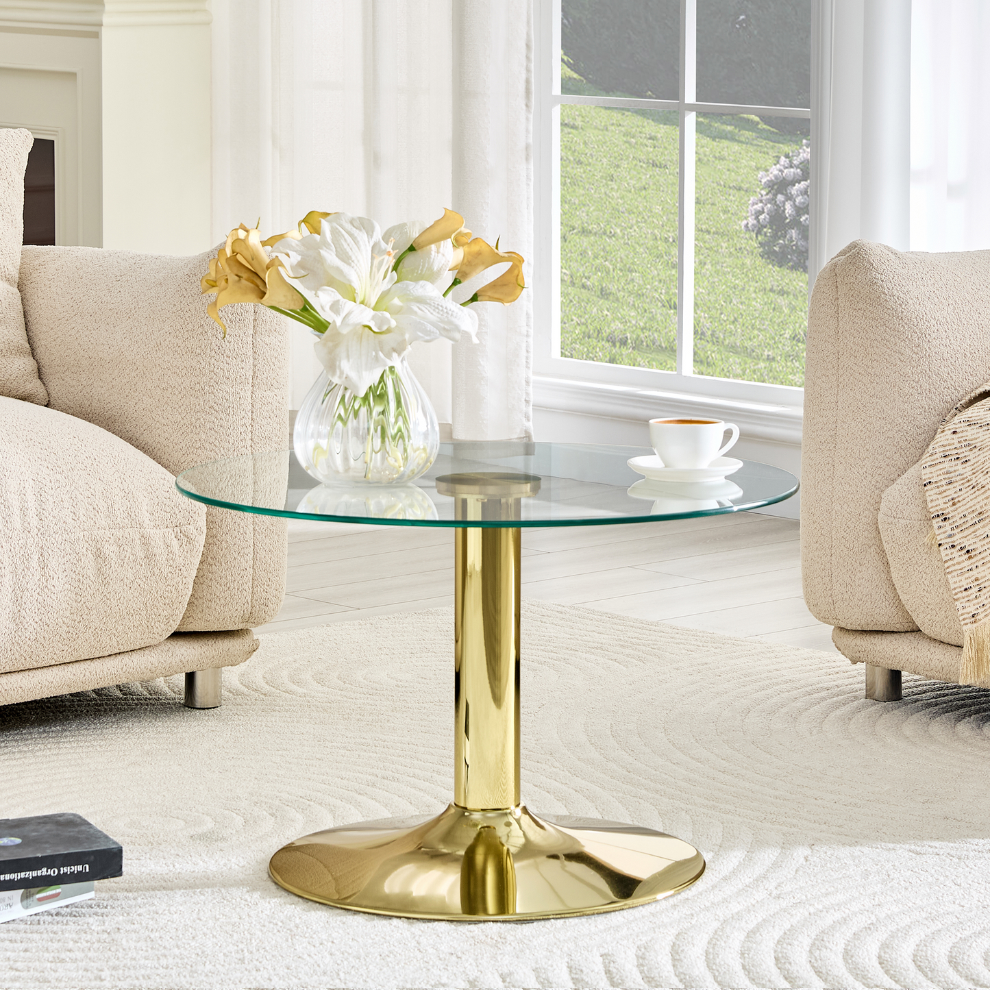 Round Tempered Glass Coffee Table - 27.5-Inch Diameter, Gold Base