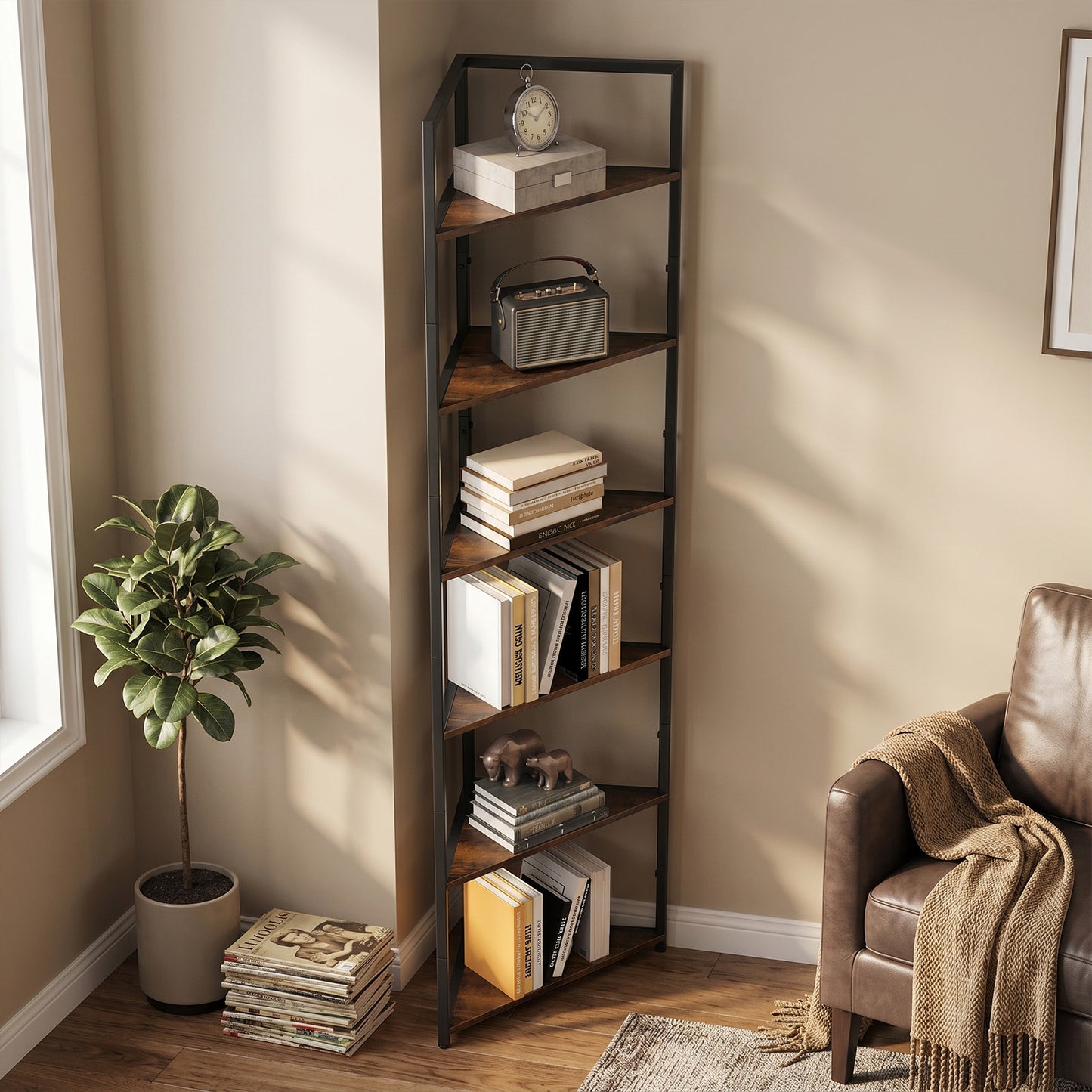 6-Tier Corner Shelf - Wooden Bookshelf with Metal Frame, 71.7 Inch