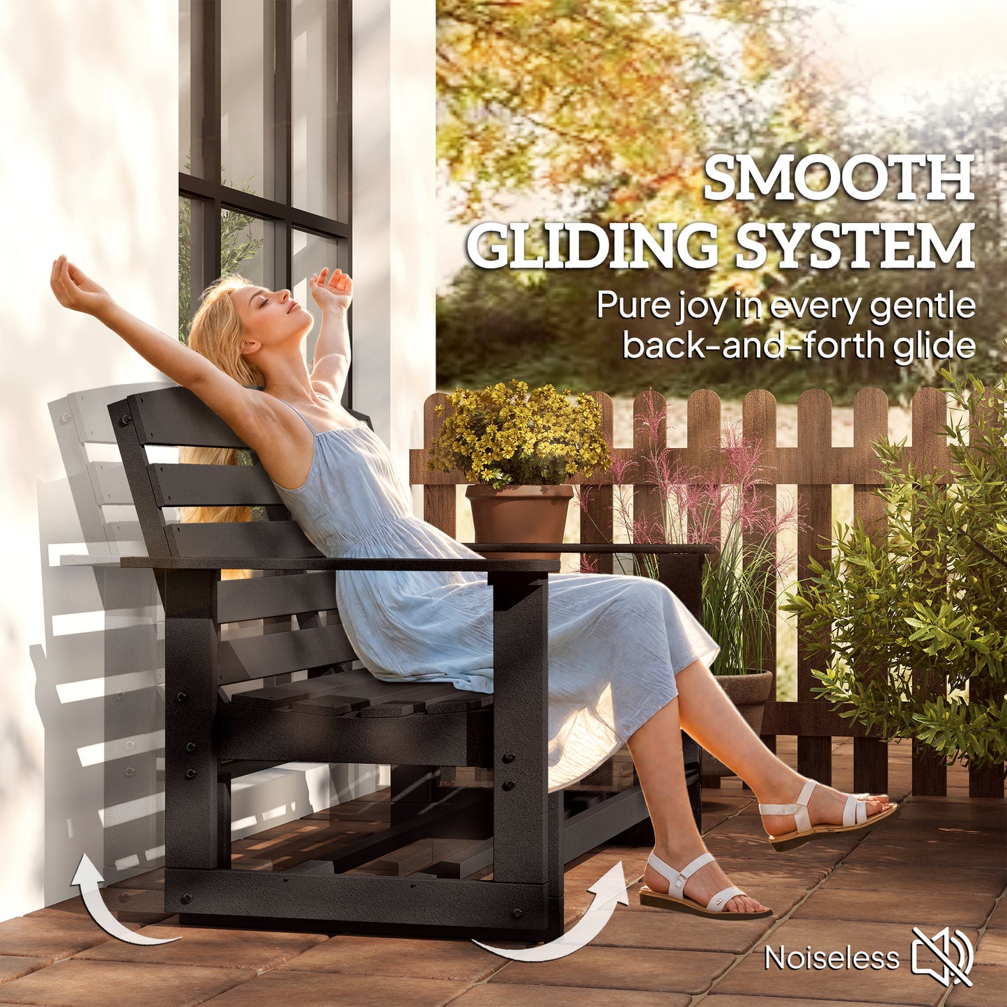 Patio Glider Bench - HDPE Slatted Double Rocking Chair - Black