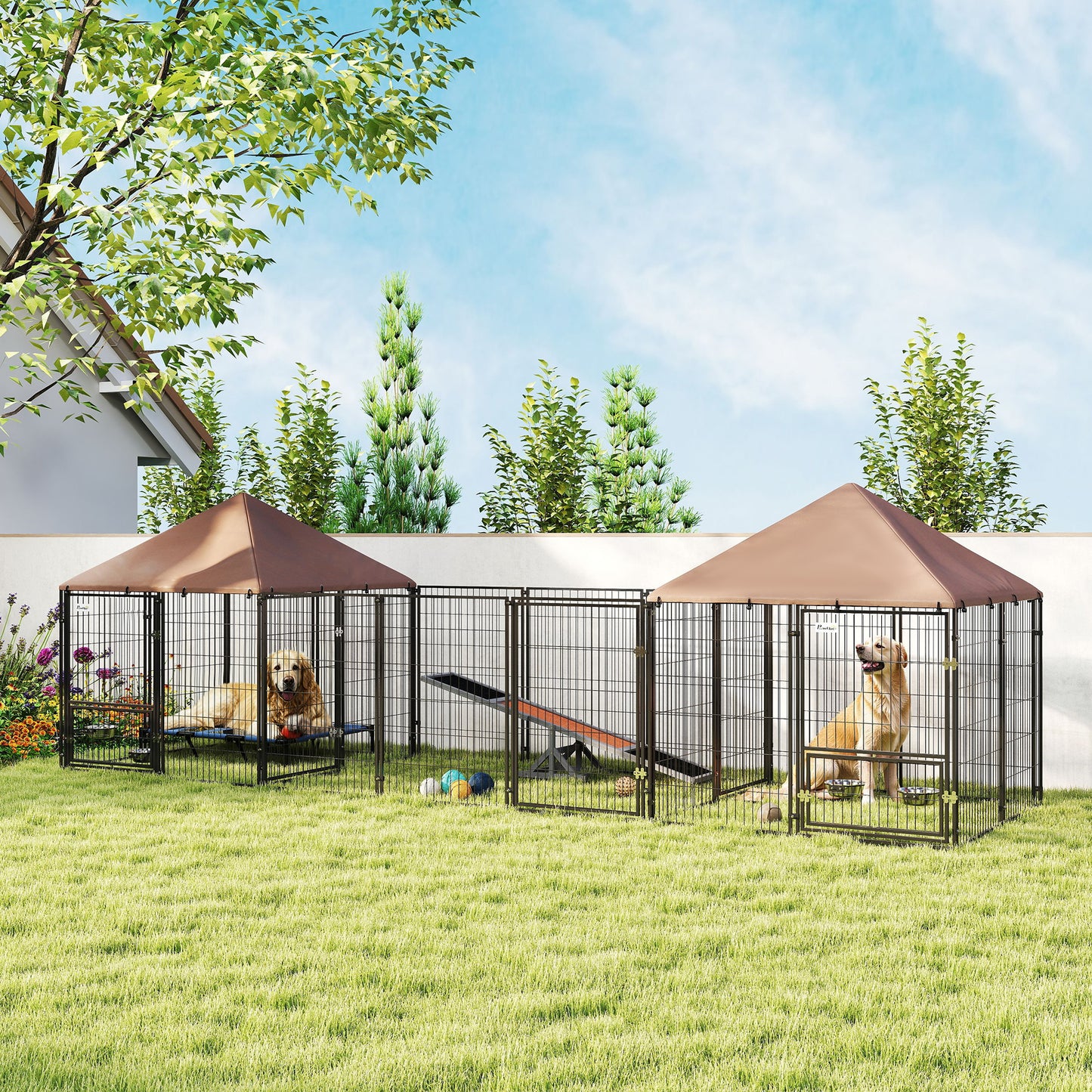 Large Outdoor Dog Kennel with 2 Rooms, Adjustable Bowls & Waterproof Canopy