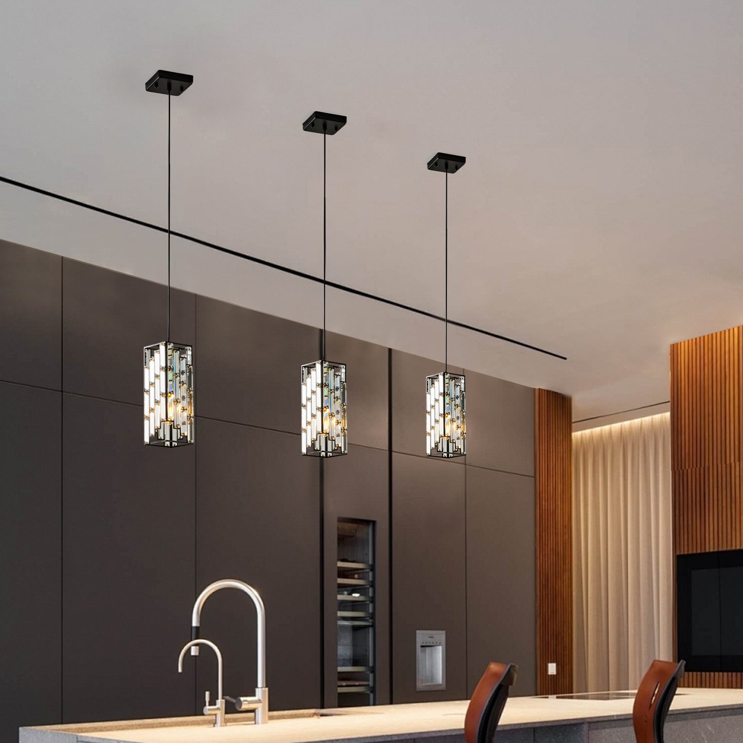 Modern Crystal Pendant Light - 3 Pack Adjustable Ceiling Lamp