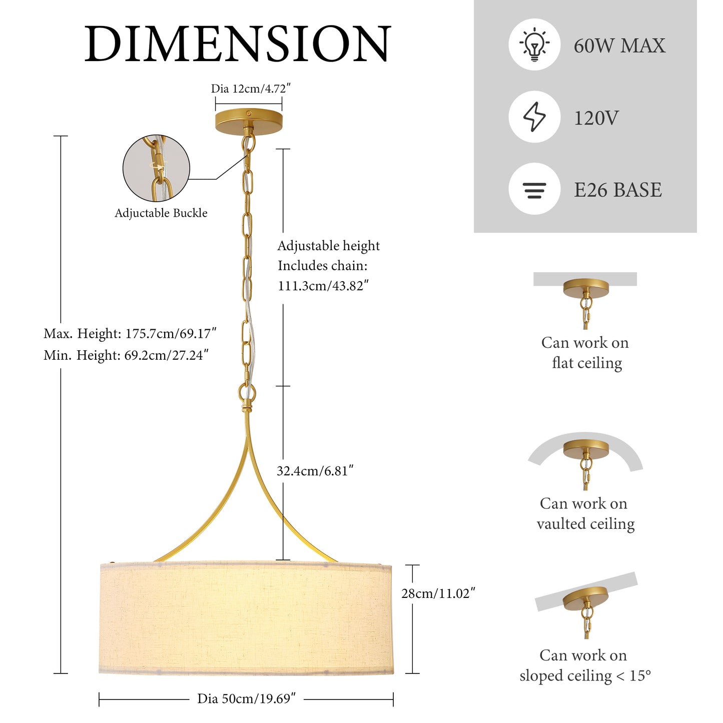 Golden Fabric Pendant Light - Adjustable Drum Chandelier for Dining & Living Rooms