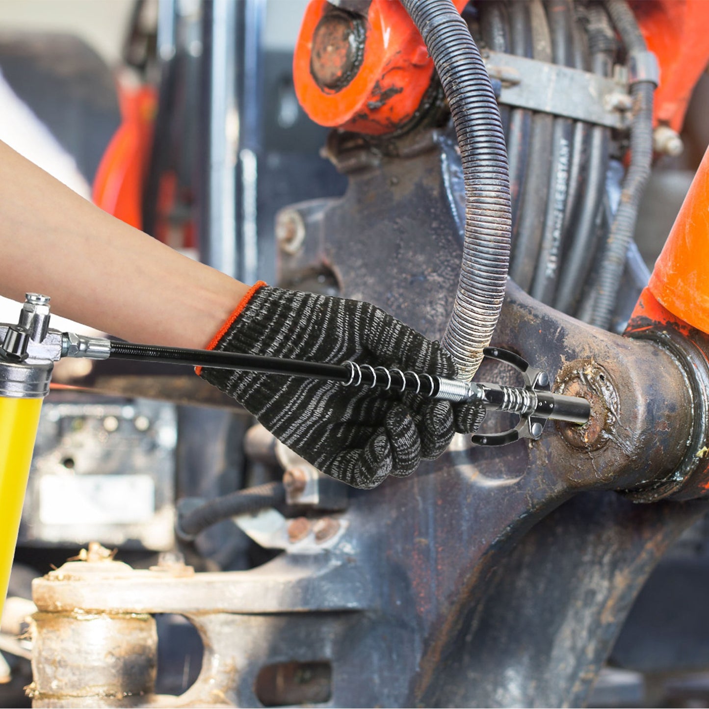 High Pressure Grease Gun Kit 7000 PSI with Flex Hose & Nozzles - 14oz