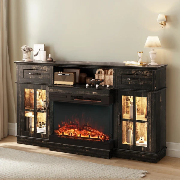 58-Inch Black Gold Oak Electric Fireplace TV Stand with Lattice Glass