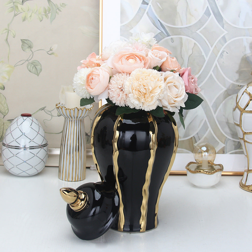 Ceramic Temple Jar Ornaments Set - Black and Gold Pattern Home Decor