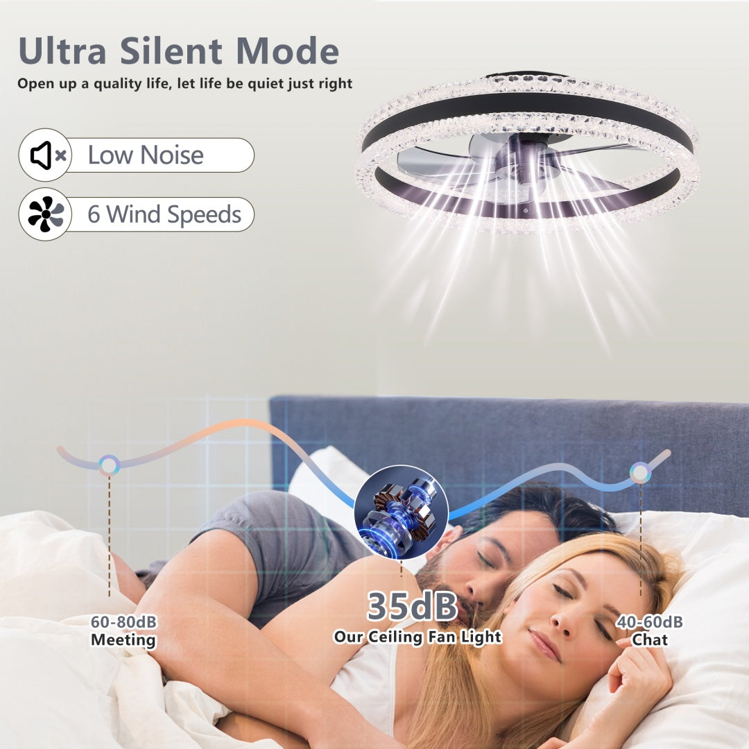 20in Modern Double Ring LED Ceiling Fan with Light Black Remote