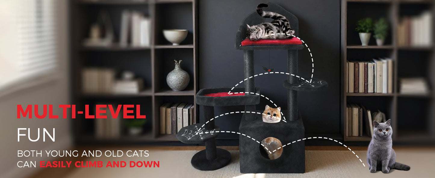 Black Gothic Cat Tree with Scratch Posts, Perches, Hammock & Cat Cave - 44.5in