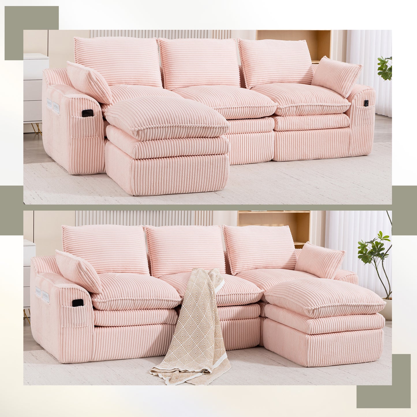 L-Shaped Modular Sectional Sofa - Pink Corduroy with Footstool