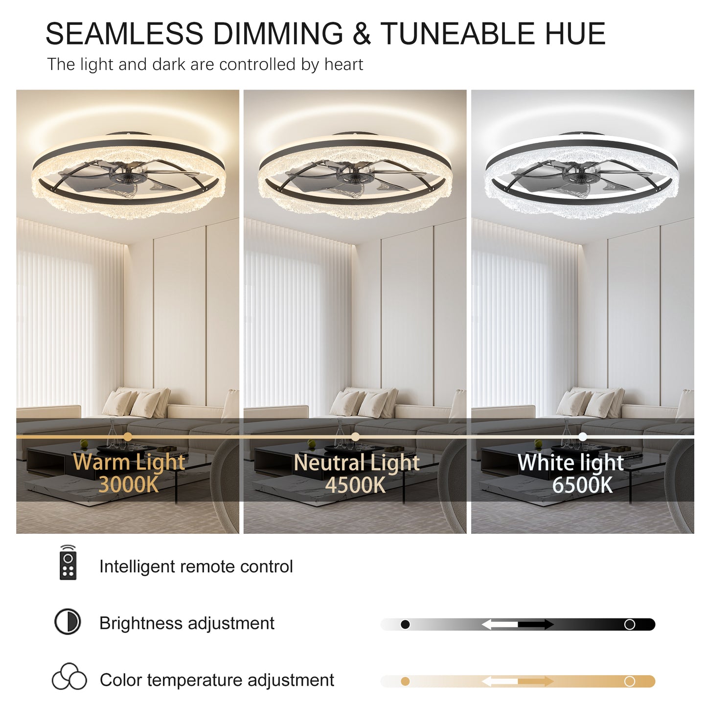 Quiet Ceiling Fan with Light - LED Crystal Flush Mount Design