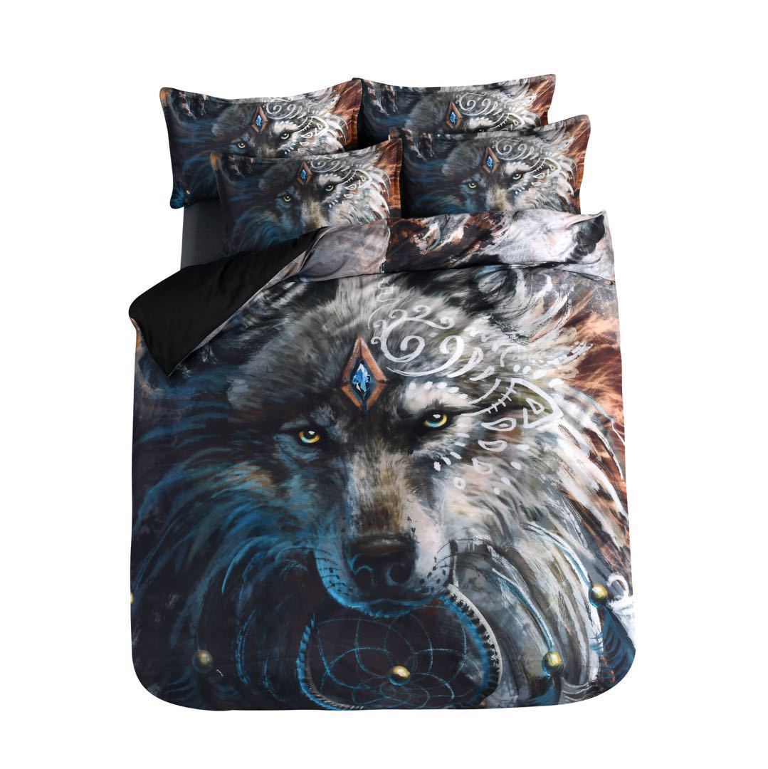3D Wolf Tribe Warrior Duvet Cover Set - Cartoon Animal Bedding with Polyester Fabric