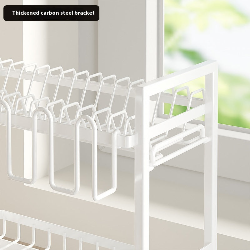 Kitchen Multi-Functional Storage Rack with Hanging Cup Drain Basket - Double Layer White