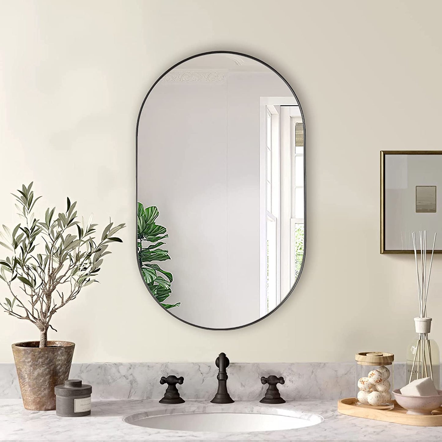 Black Metal Oval Mirror - 20 x 33 Inch Classic Design
