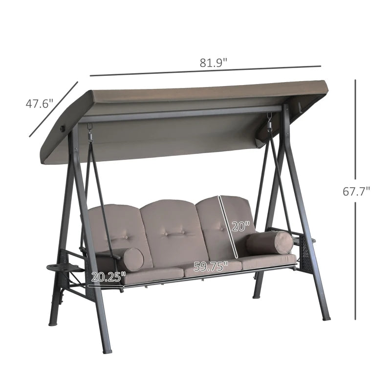 3-Seat Outdoor Patio Swing Chair with Adjustable Canopy - Brown Frame