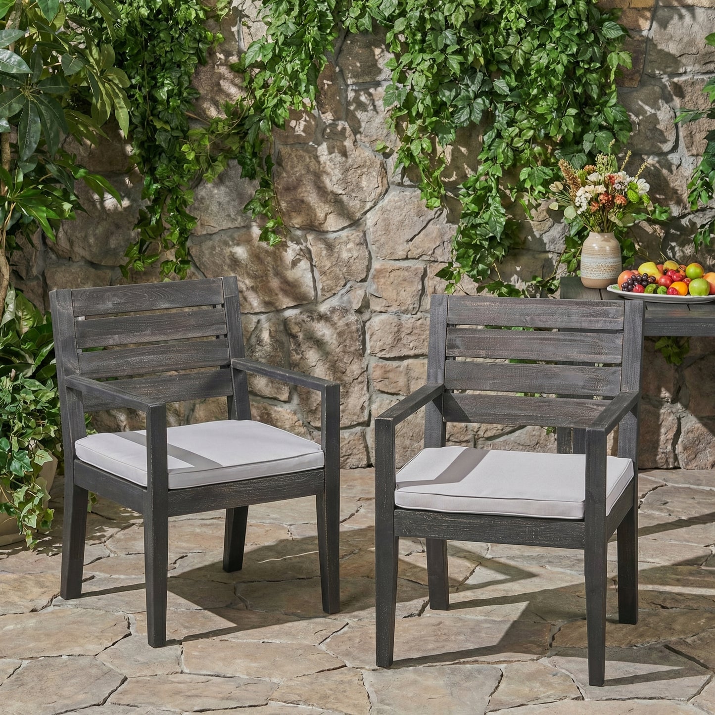 Outdoor Dining Chair Set of 2 - Dark Grey with Light Grey Cushion