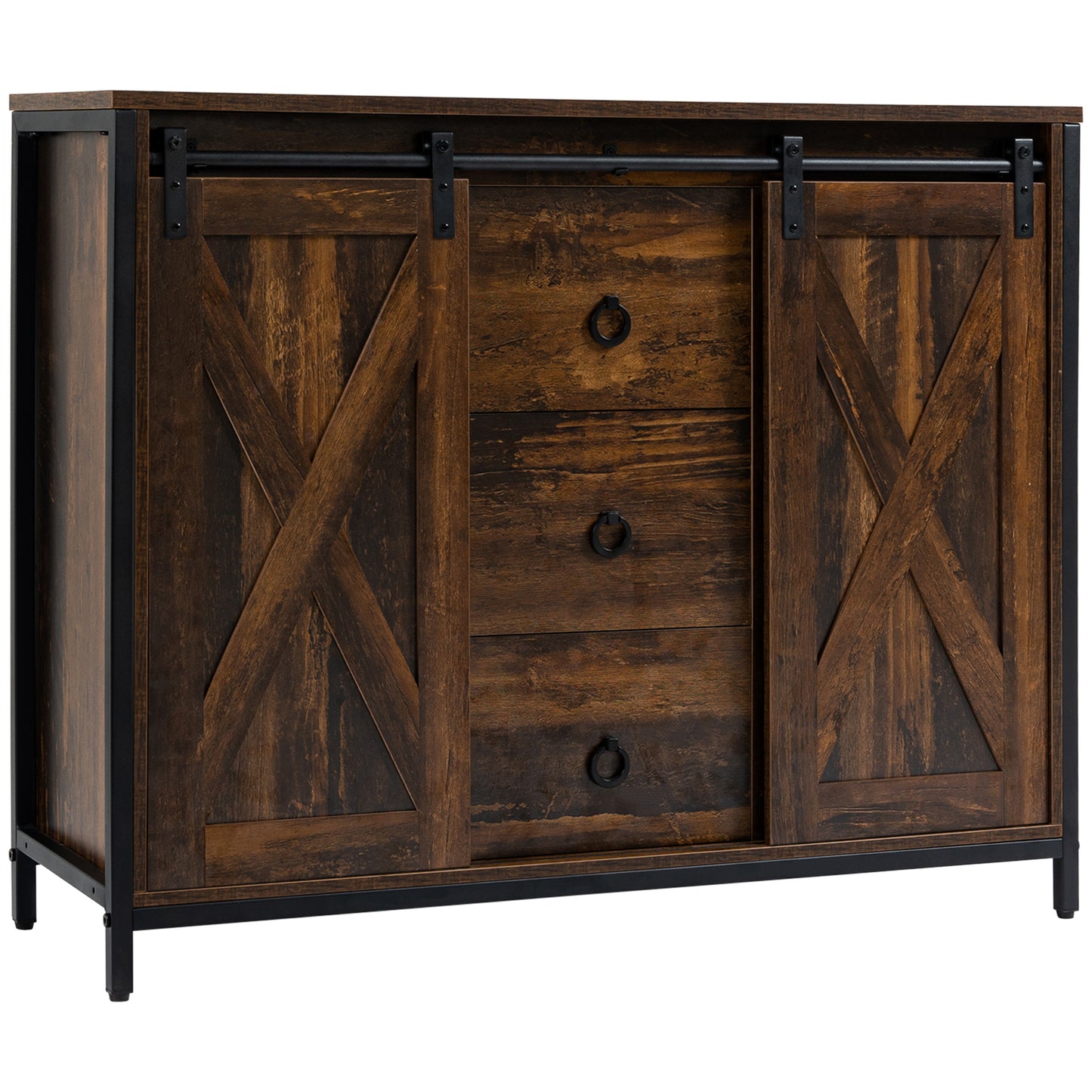 Rustic Brown Buffet Cabinet with Sliding Barn Doors - Kitchen Storage