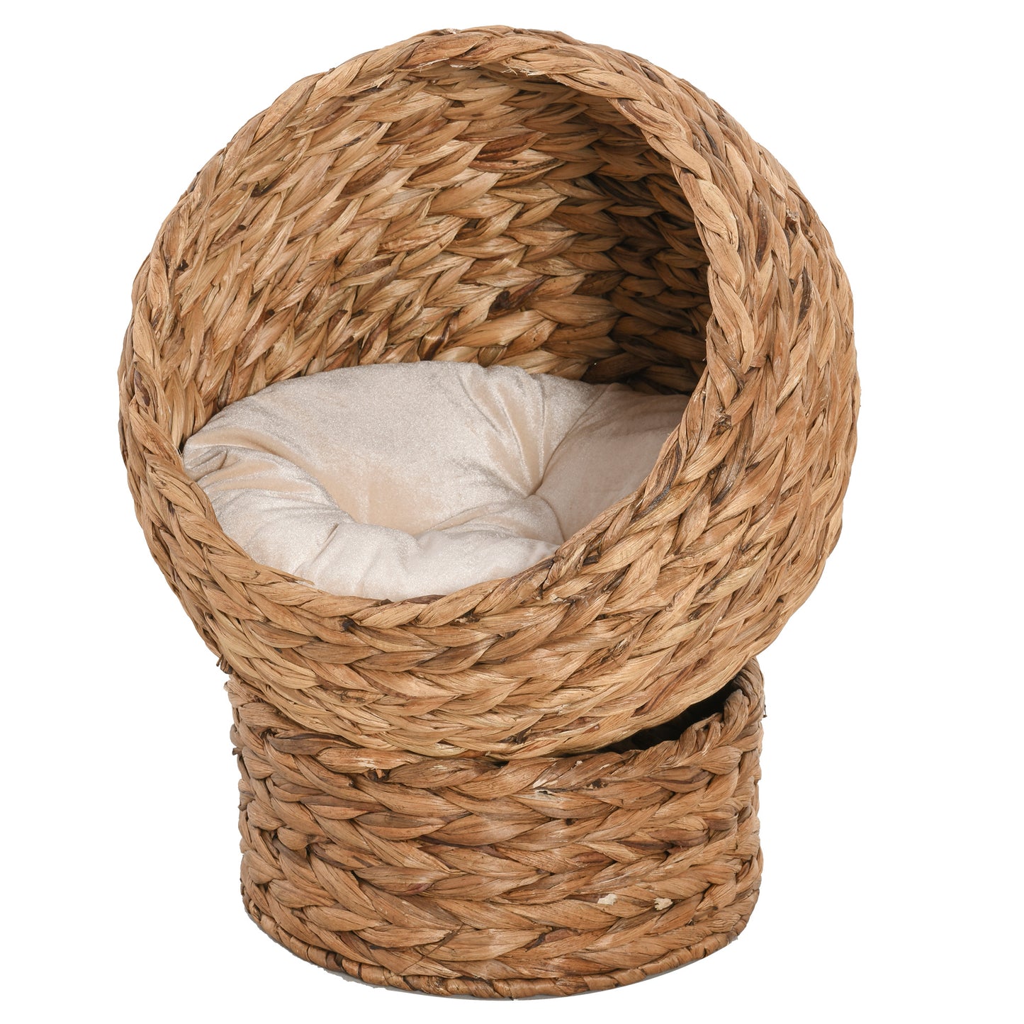 Elevated Cat Bed with Soft Cushion & Basket Shape - Indoor Wicker House, 23.5 Inches, Light Brown