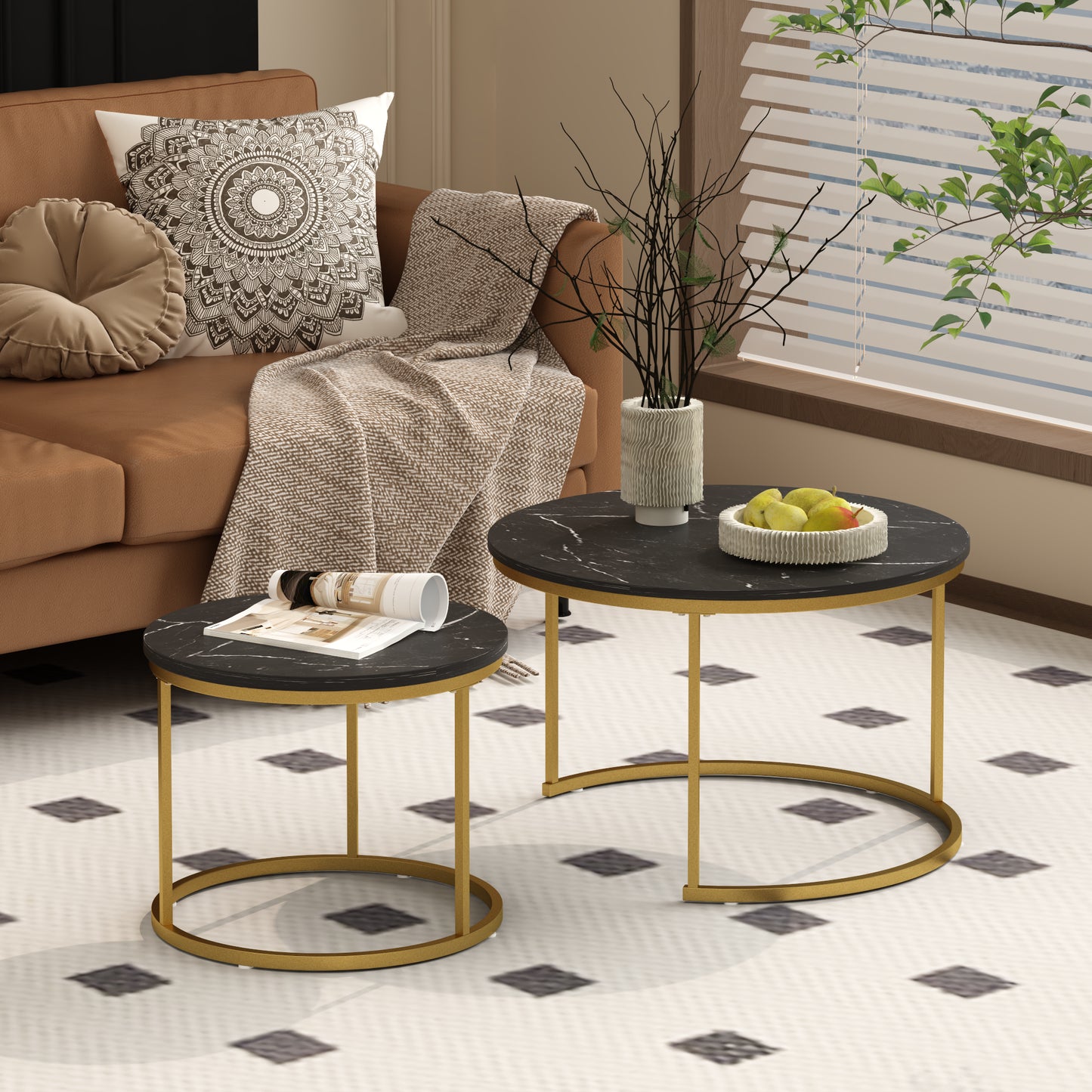 Nesting Coffee Table Set of 2 - Round Black+Gold Marble Top