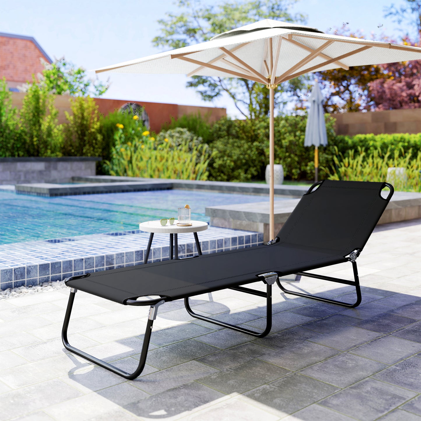 Folding Chaise Lounge Chair - 5-Level Recline, Steel Frame, Black