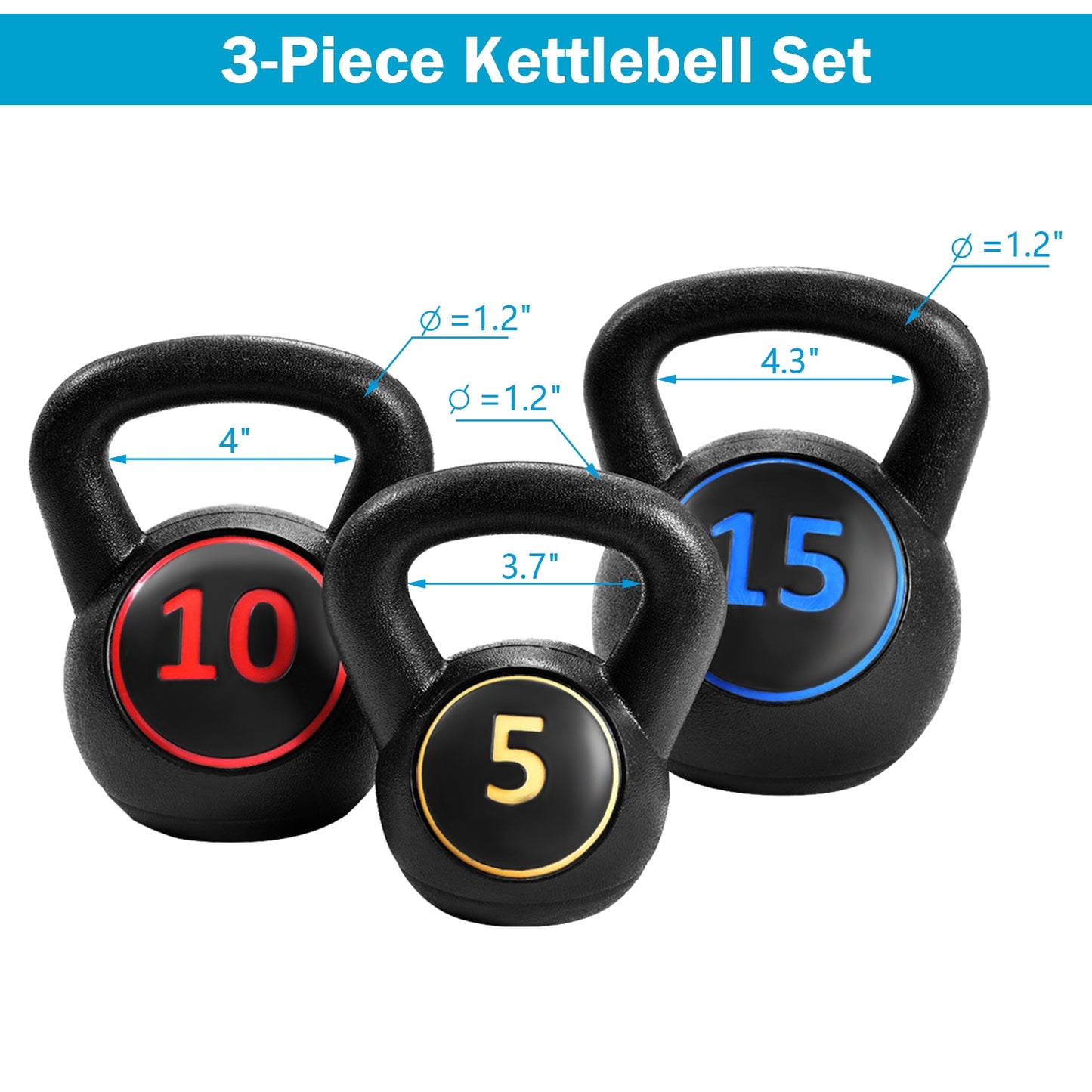 Kettlebell Weight Set - 3 Pieces (5, 10, 15 lbs) for Strength Training