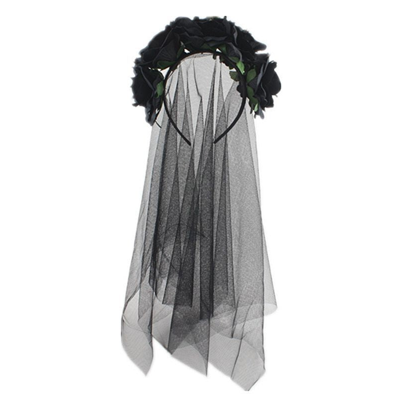 Halloween Witch Headband with Rose Flower & Veil