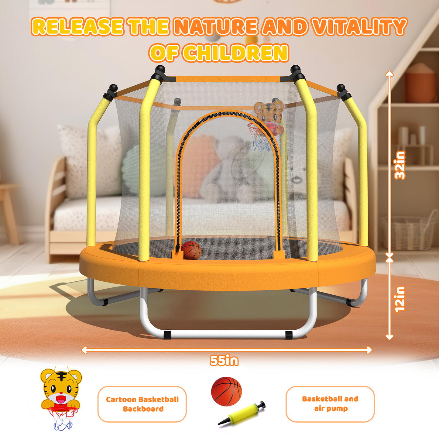 55-Inch Kids Trampoline for Indoor & Outdoor Play with Hoop - Yellow