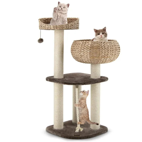 41 Inch Hand-Woven Water Hyacinth Cat Tree with Sisal Posts Multi-Level Activity Center - Brown