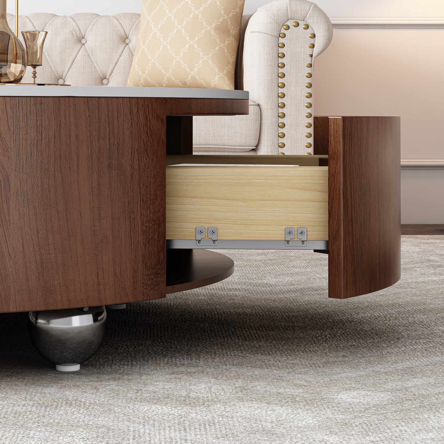 Rustic Round Coffee Table with 2 Drawers & Sintered Stone Top