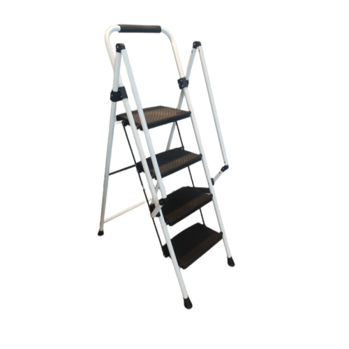 White Four-Step Ladder Folding Stepladder Anti-Slip Steel Stool Multi-Purpose