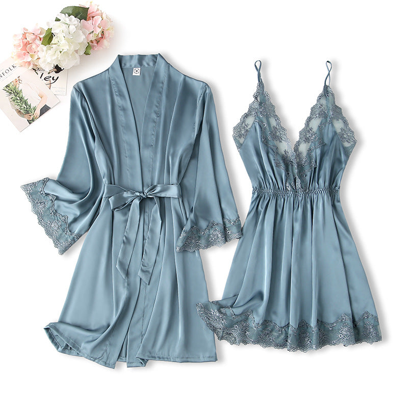 Women's Silk Pajamas Set with Lace - Summer Spring Sleepwear for Women