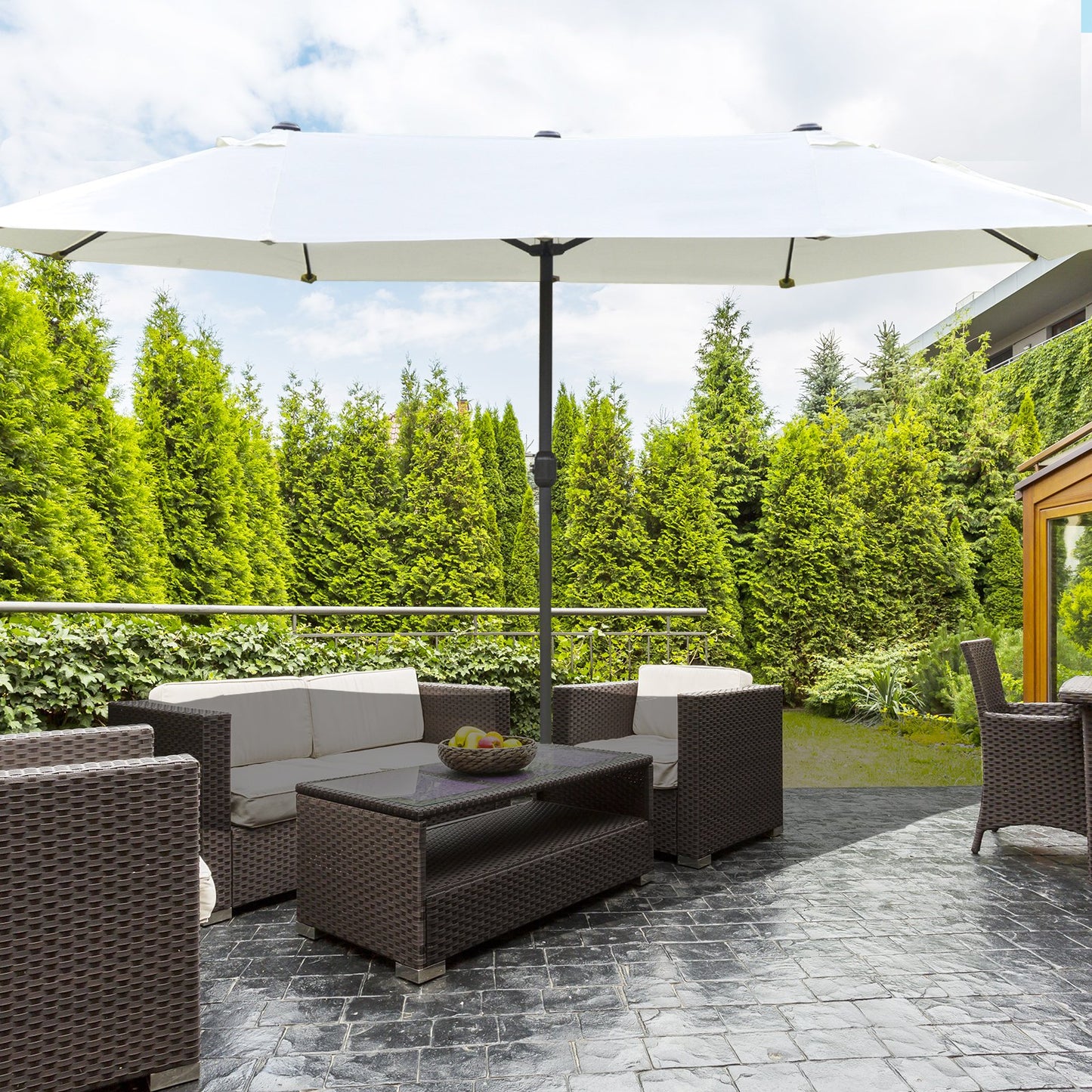15' Double-Sided Patio Umbrella with Base - Beige