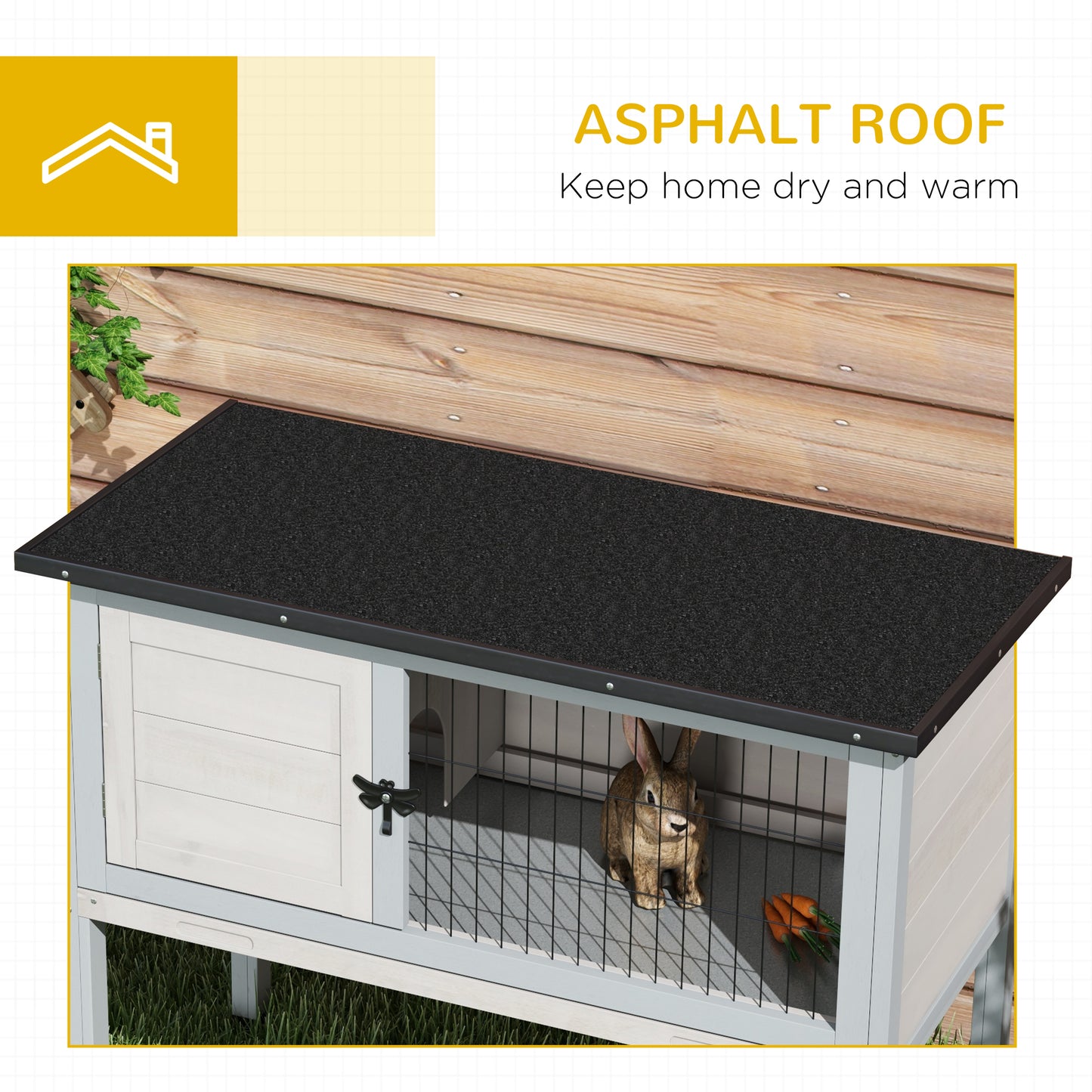 Wooden Rabbit Hutch with Asphalt Roof and Removable Tray - Indoor/Outdoor Gray