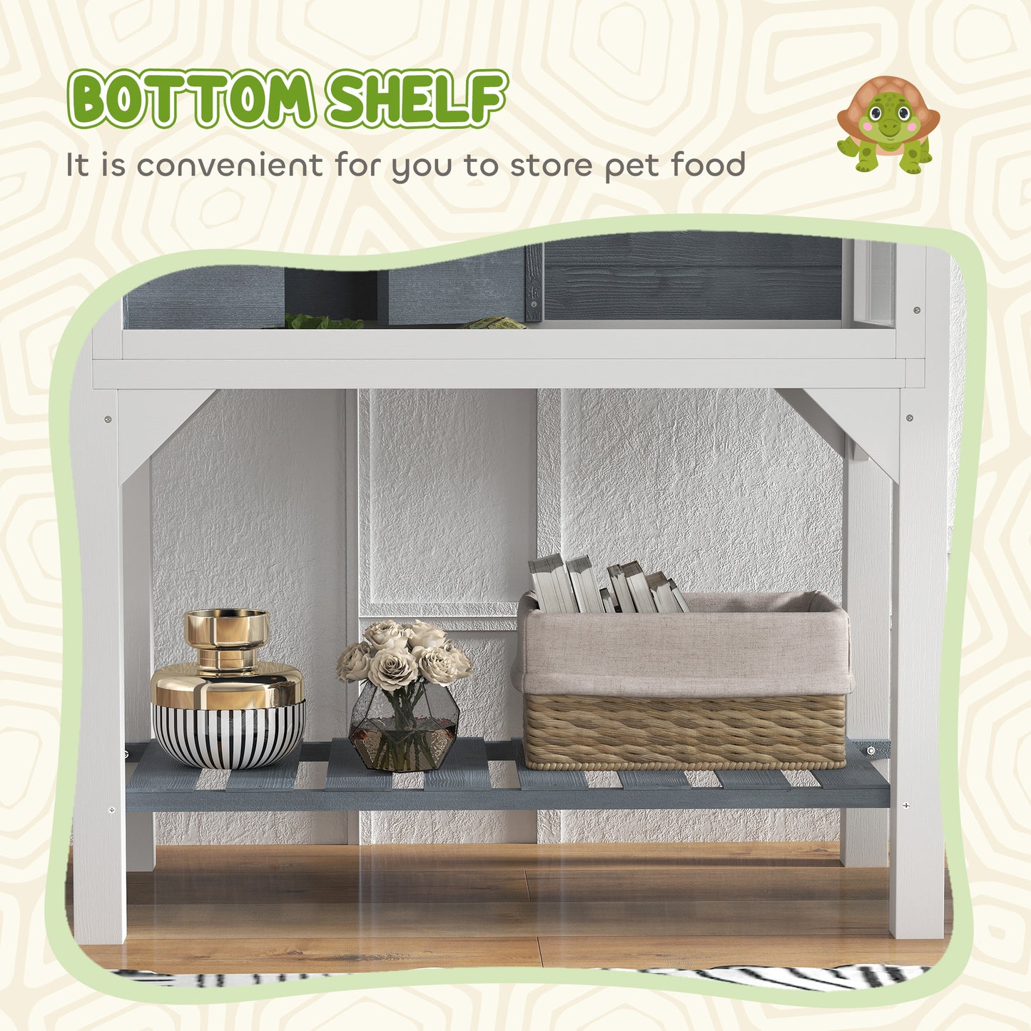 Wooden Tortoise Habitat with Storage Shelf and Windows - Gray