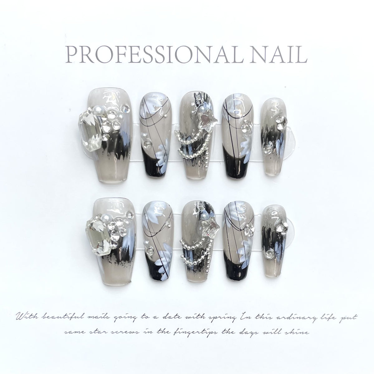 Black Themed Icy-Cool Rhinestone Nail Tips for Nail Art & Wear