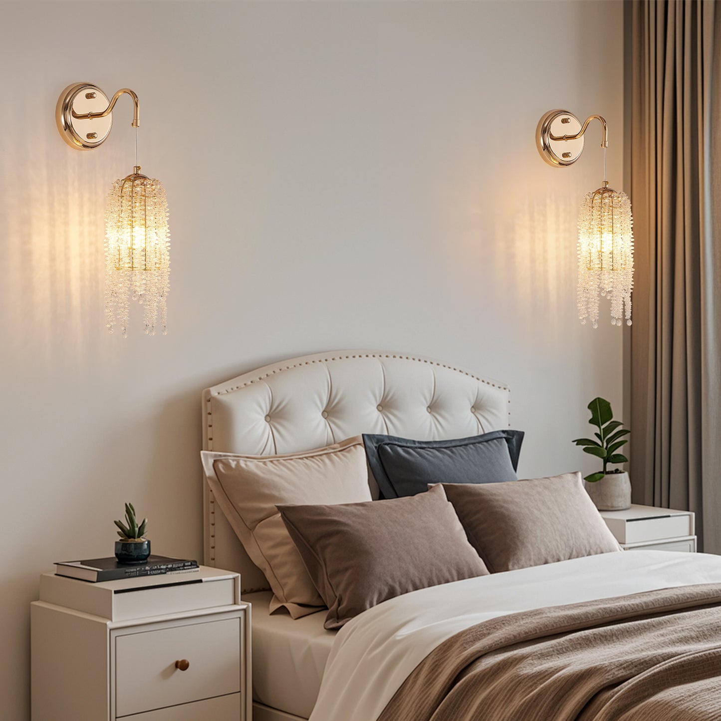 Gold Frame Crystal Bead Wall Sconces - Set of 2