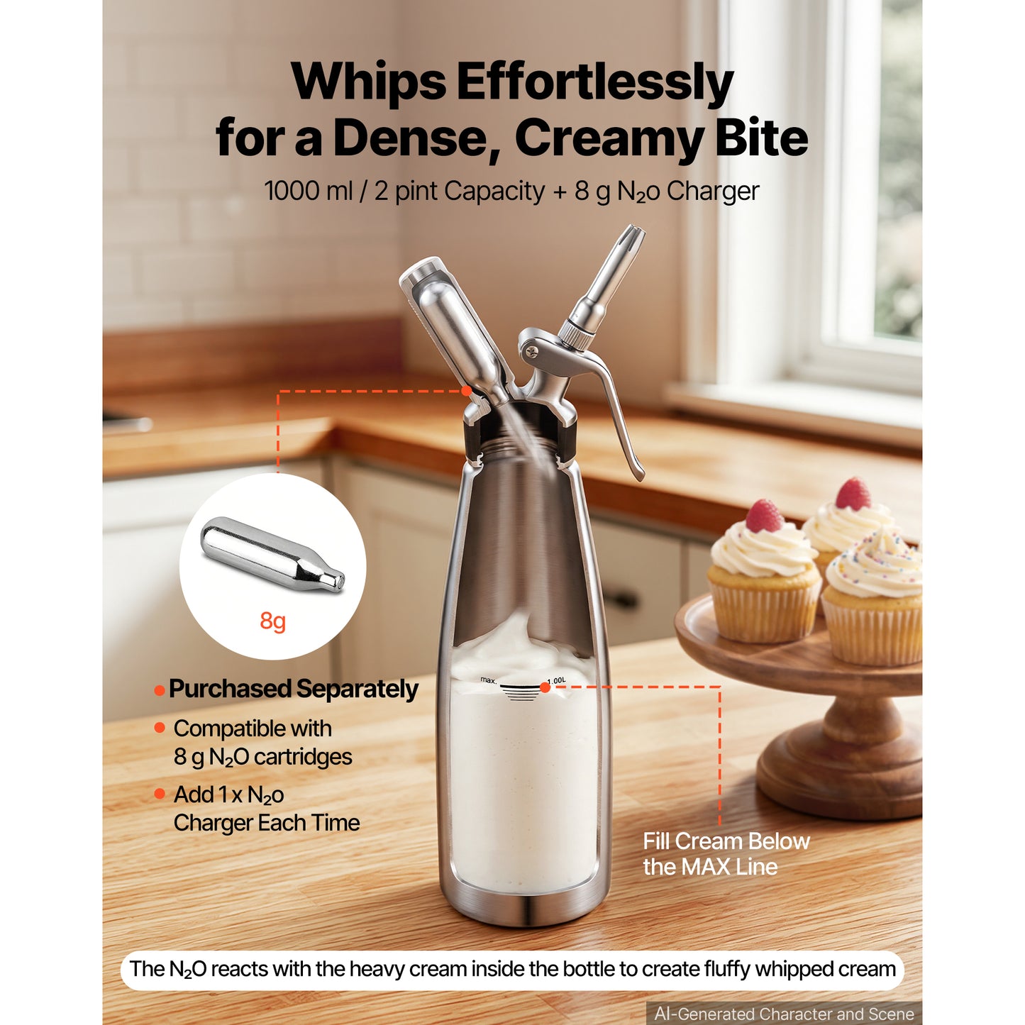 304 Stainless Steel Whipped Cream Dispenser 1000ml - Leak-Free Canister with Nozzles & Brush