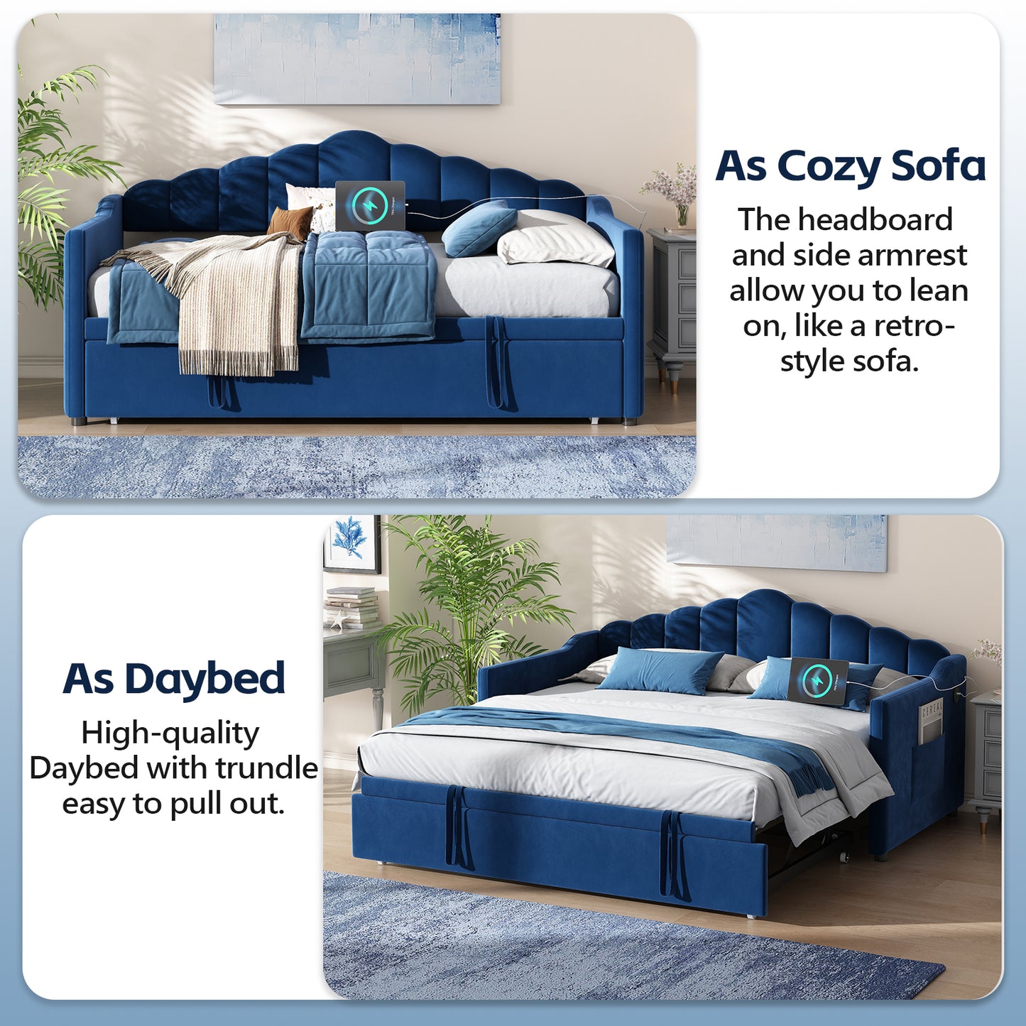 Upholstered Twin Size Daybed With Adjustable Height Pop Up Trundle