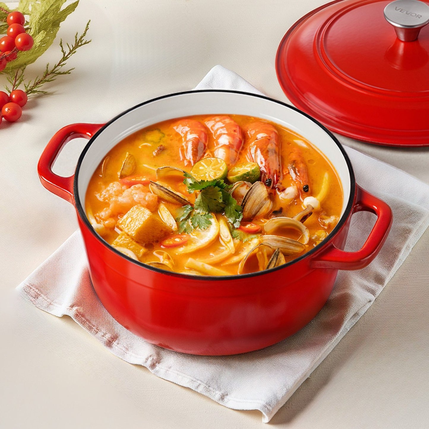 6QT Enameled Cast Iron Dutch Oven with Lid - Red