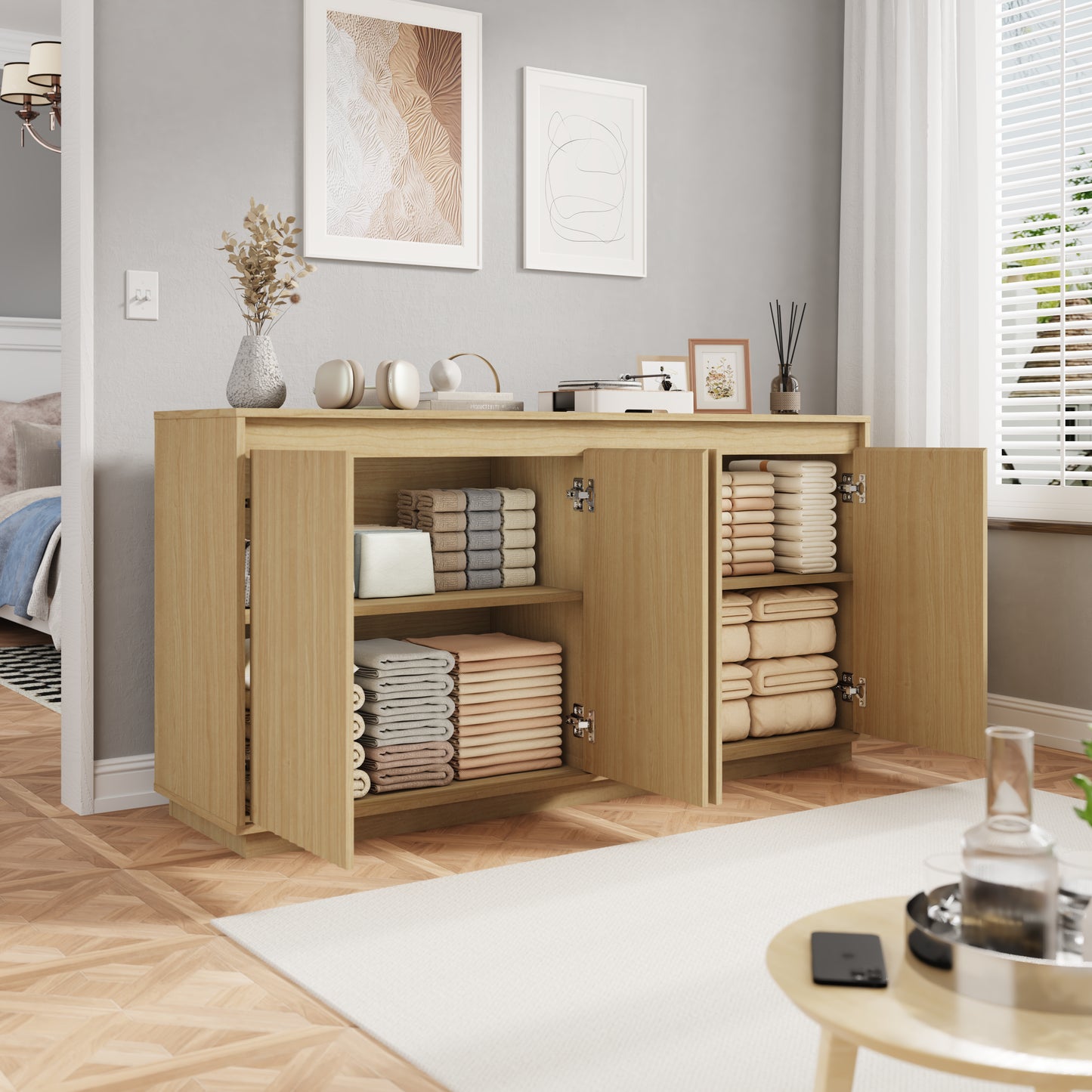 Natural 4-Door Sideboard Buffet Cabinet with Power Outlet