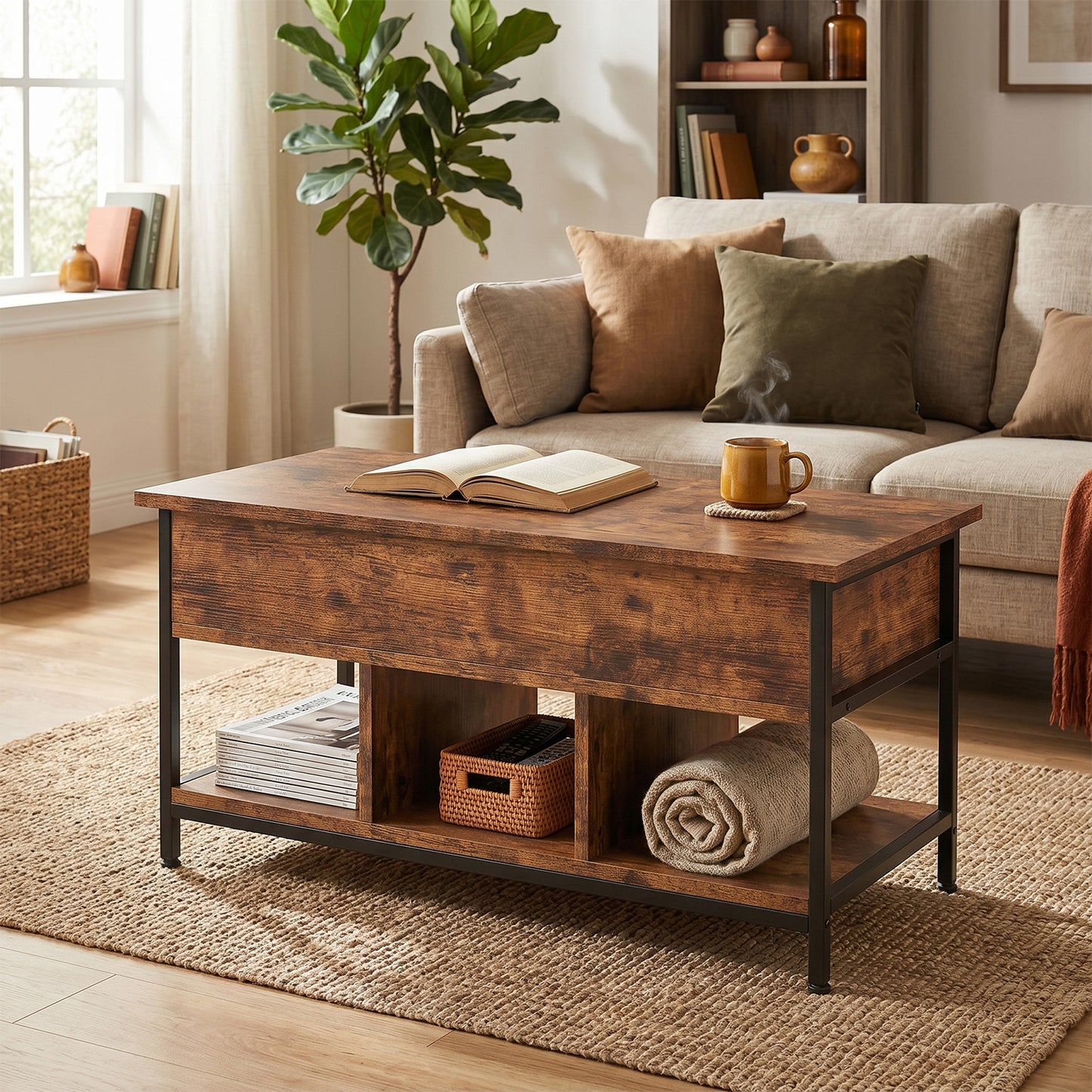 Lift Top Coffee Table with Hidden Storage - Retro Design