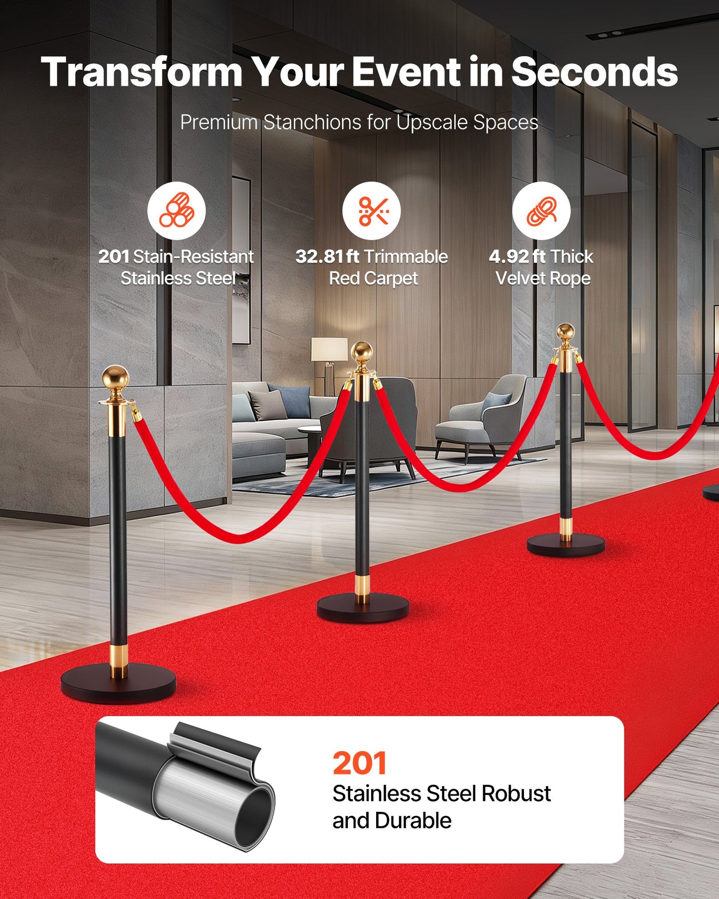 Crowd Control Stanchion Post Set with Red Carpet & Velvet Ropes - Black, 6 Pieces