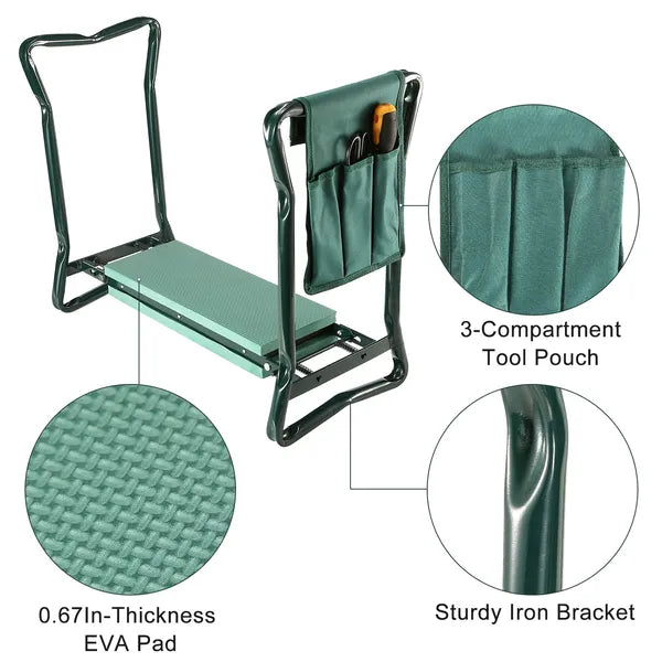 Foldable Garden Kneeler and Seat with Tool Pouch - Green