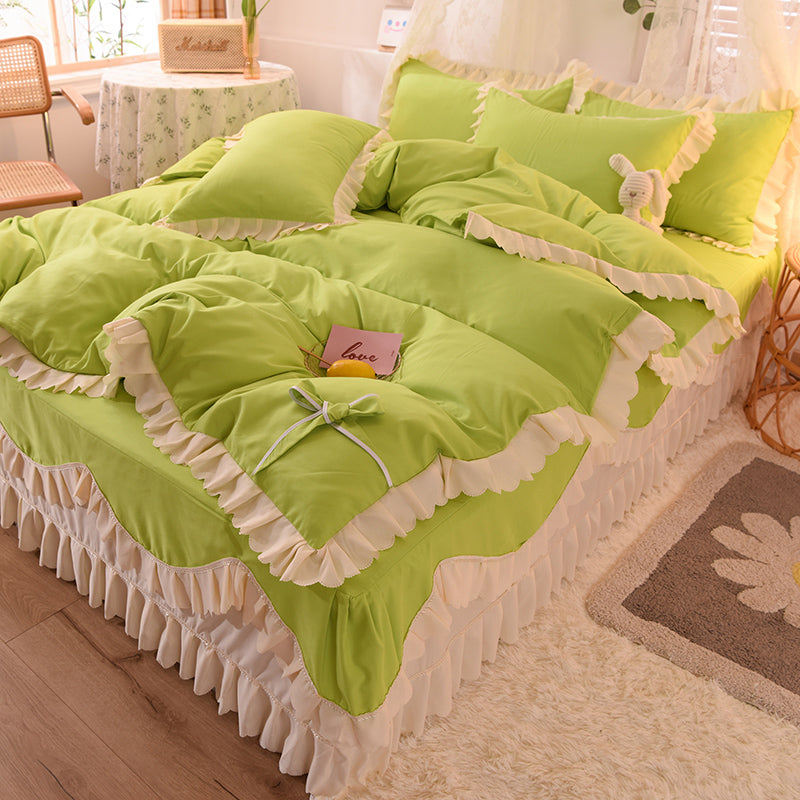 Luxury Four-Piece Lotus Leaf Lace Bed Sheet Duvet Cover Set with Bed Skirt