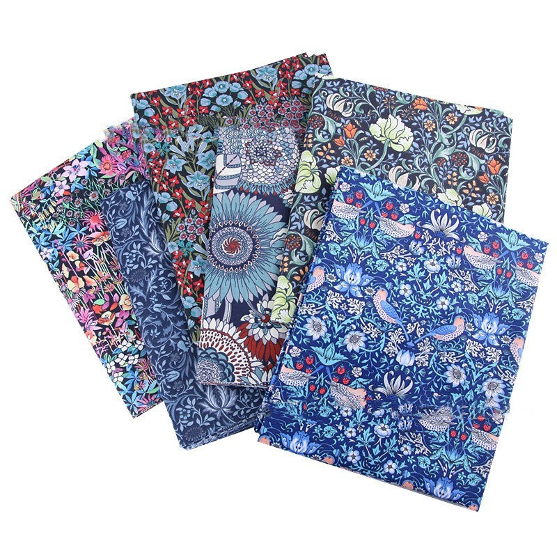 Deep Blue Bird Forest Cotton Fabric - Botanical Print 100% Cotton Textile