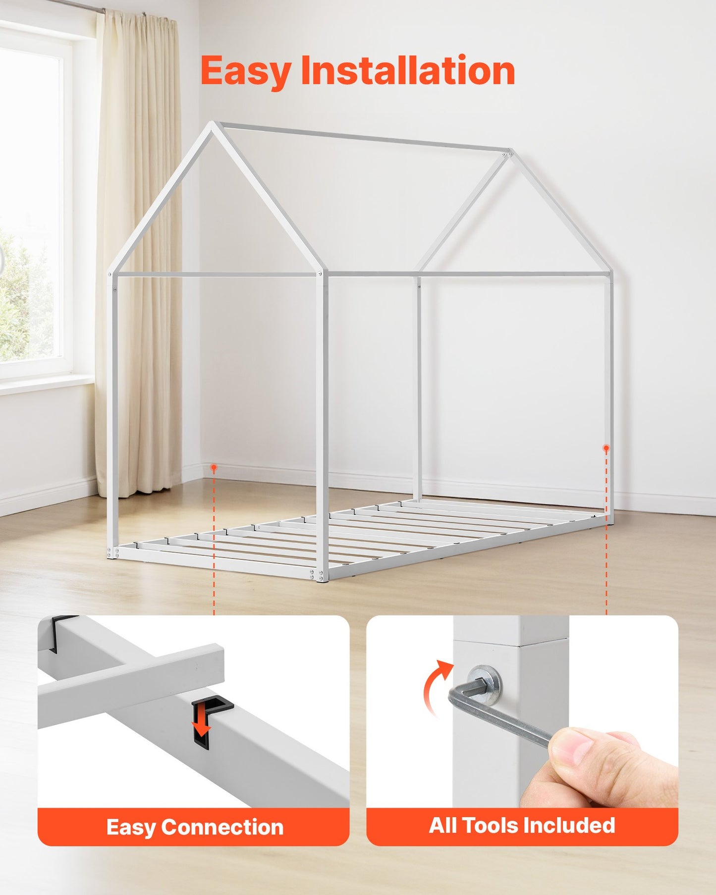 Twin House Bed Frame for Kids - Metal Floor Bed with Roof, Easy Assembly, White