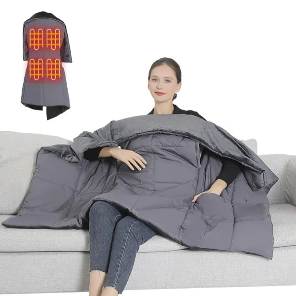 Electric Heated Poncho Blanket with Zipper & Arm Holes - Grey