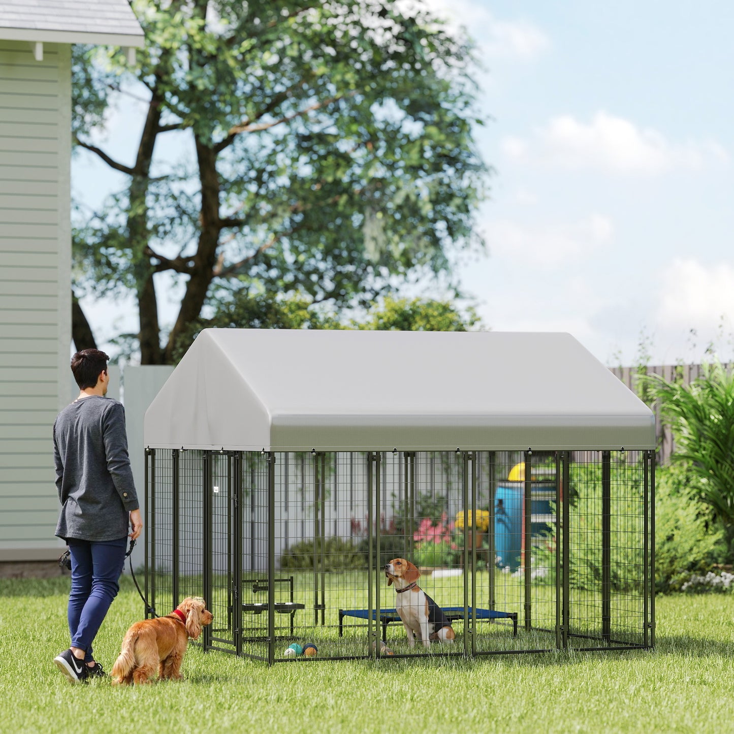 Heavy Duty Outdoor Dog Kennel with Roof, 8x8x6 ft Enclosure, Escape-Proof Lock