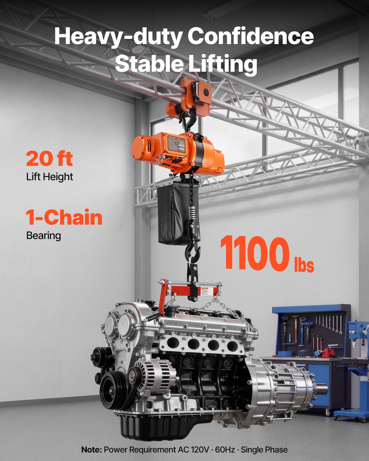 Electric Chain Hoist 1100 lbs, 20 ft Lift Height, Wireless & Wired Remote Control